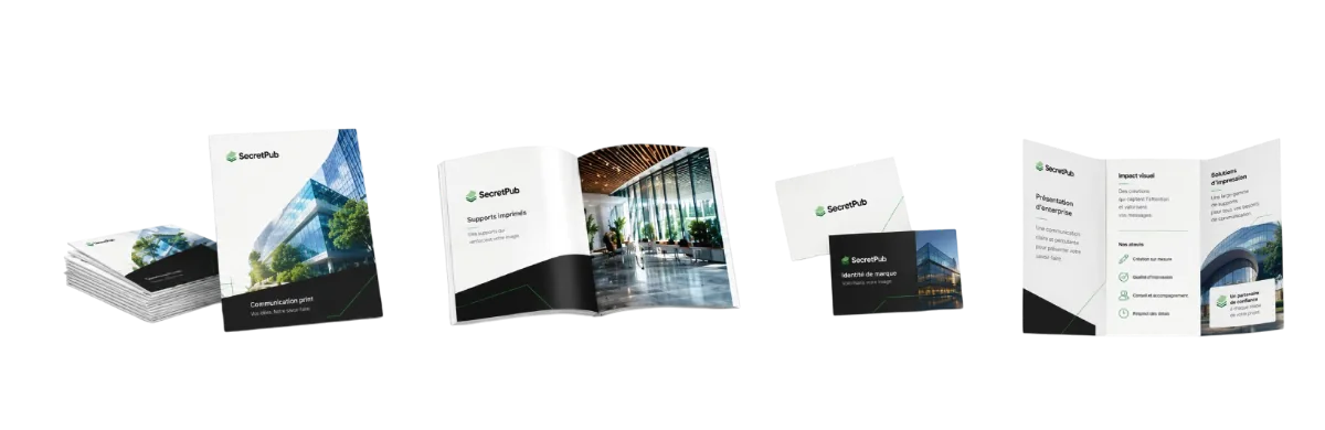 Réalisations print SecretPub : brochures, supports imprimés et cartes de visite à la charte SecretPub
