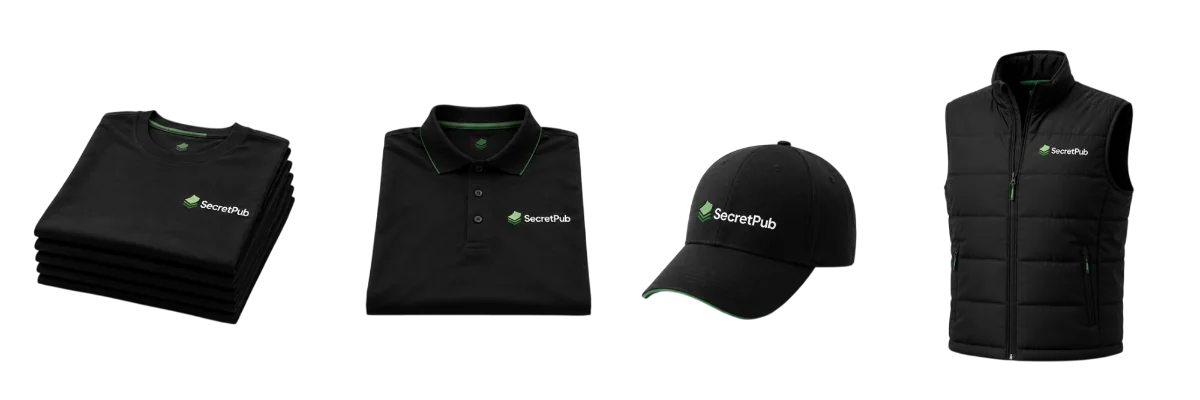 Réalisations textile SecretPub : t-shirts, polo, casquette et bodywarmer noirs brodés SecretPub